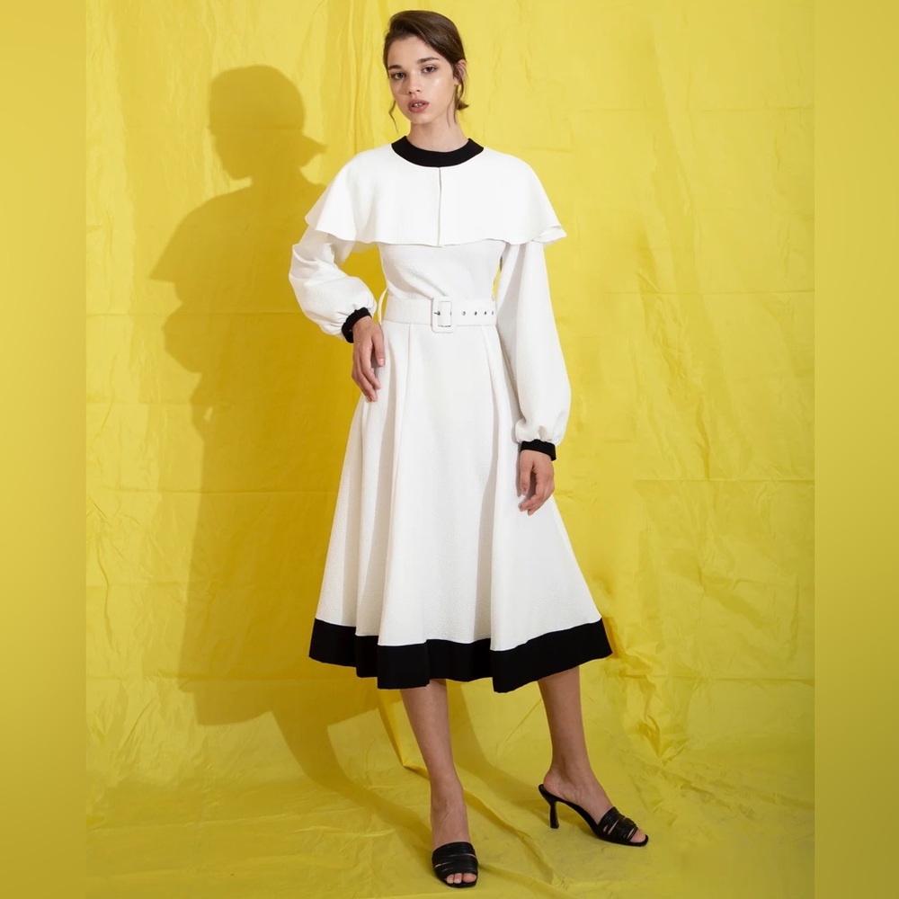 ⁠N-Duo Alice 2.0 White Cape Midi Dress Black Contrast Trim Belted NWOT